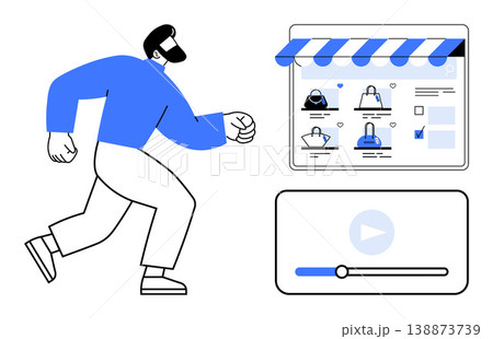 Online shopping, e-commerce solutions, digital retail, video tutorials, customer engagement, user interface . Man running toward online storefront and video player. Online shopping and e-commerce Online shopping, e-commerce solutions, digital retail, video tutorials, customer engagement, user interface . Man running toward online storefront and video player. Online shopping and e-commerce 138873739
