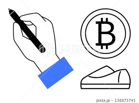 Cryptocurrency, financial transactions, modern business, creative work, design ideas, digital economy. A hand holds a pen near a Bitcoin icon and a shoe illustration. Cryptocurrency and financial Cryptocurrency, financial transactions, modern business, creative work, design ideas, digital economy. A hand holds a pen near a Bitcoin icon and a shoe illustration. Cryptocurrency and financial 138873741