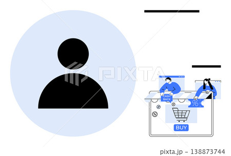 Online shopping, user profile, cashback rewards, digital marketing, e-commerce discounts, consumer habits. Black user icon beside e-commerce themed elements thumbs up cart, cashback sticker 138873744