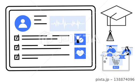 Digital health, online education, e-commerce, technology trends, data management, modern learning. Digital profile card with health data, graduation cap shopping cart. Digital health and online Digital health, online education, e-commerce, technology trends, data management, modern learning. Digital profile card with health data, graduation cap shopping cart. Digital health and online 138874096