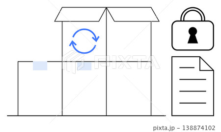 Data protection, shipping security, logistics management, product tracking, secure delivery, information flow. Open box with arrows, lock symbol and document icon. Shipping security and logistics 138874102