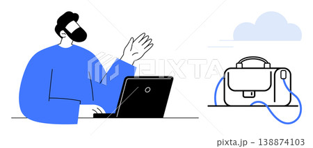 Remote work, online meetings, technology, professional communication, cloud computing, digital workspace. A man interacting at a laptop with a professional bag nearby. Remote work and online meetings Remote work, online meetings, technology, professional communication, cloud computing, digital workspace. A man interacting at a laptop with a professional bag nearby. Remote work and online meetings 138874103