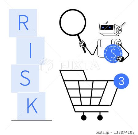 Risk assessment, ecommerce, online security, AI, financial management, technology innovation. Robot holding a magnifying glass and coin near a shopping cart. Risk assessment and ecommerce Risk assessment, ecommerce, online security, AI, financial management, technology innovation. Robot holding a magnifying glass and coin near a shopping cart. Risk assessment and ecommerce 138874105