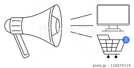 Digital marketing, online shopping, e-commerce, advertisement, communication, consumer behavior. Graphic of a megaphone directing sound to a computer and shopping cart. Digital marketing Digital marketing, online shopping, e-commerce, advertisement, communication, consumer behavior. Graphic of a megaphone directing sound to a computer and shopping cart. Digital marketing 138874119
