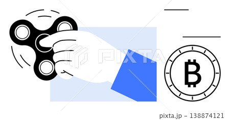 Cryptocurrency, blockchain, financial investment, digital economy, stress relief, playful concepts. A hand spins a fidget spinner next to a Bitcoin symbol. Cryptocurrency and blockchain concepts Cryptocurrency, blockchain, financial investment, digital economy, stress relief, playful concepts. A hand spins a fidget spinner next to a Bitcoin symbol. Cryptocurrency and blockchain concepts 138874121