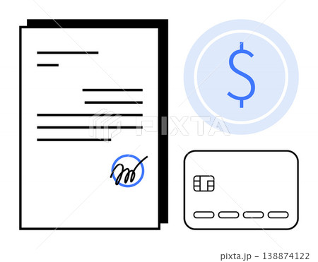 Financial management, payment processing, digital contracts, e-commerce, banking, electronic signatures. A document with a signature, credit card and dollar symbol. Financial management and payment Financial management, payment processing, digital contracts, e-commerce, banking, electronic signatures. A document with a signature, credit card and dollar symbol. Financial management and payment 138874122