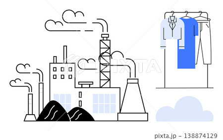 Environmental impact, sustainability, manufacturing, fast fashion, pollution, garment industry. Factory emitting smoke with clothing rack on the side. Environmental impact and sustainability concepts 138874129
