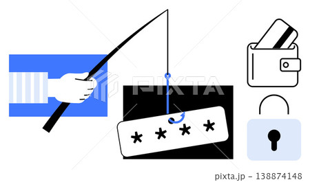 Online security, cybercrime, identity protection, fraud prevention, password safety, sensitive data. Hand holding a fishing rod with password, padlock credit card. Cybercrime and identity protection 138874148
