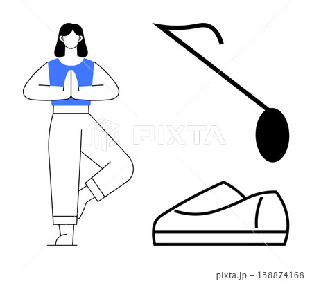 Fitness, wellness, mindfulness, physical activities, meditation, healthy lifestyle. Woman in tree pose next to a sports shoe and whistle. Fitness and wellness visual Fitness, wellness, mindfulness, physical activities, meditation, healthy lifestyle. Woman in tree pose next to a sports shoe and whistle. Fitness and wellness visual 138874168