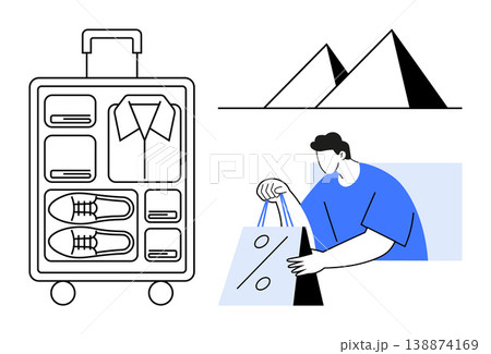 Travel, shopping, vacations, tourism promotion, retail discounts, adventure planning. Minimalist artwork a packed suitcase, discount bag and pyramids. Travel and shopping Travel, shopping, vacations, tourism promotion, retail discounts, adventure planning. Minimalist artwork a packed suitcase, discount bag and pyramids. Travel and shopping 138874169