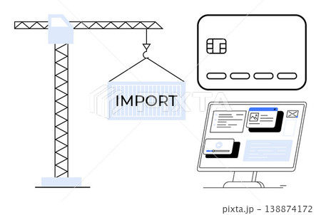 Global trade, shipping logistics, payment systems, digital networking, e-commerce, financial services. Crane lifting an import container, credit card computer screen interface. Global trade 138874172