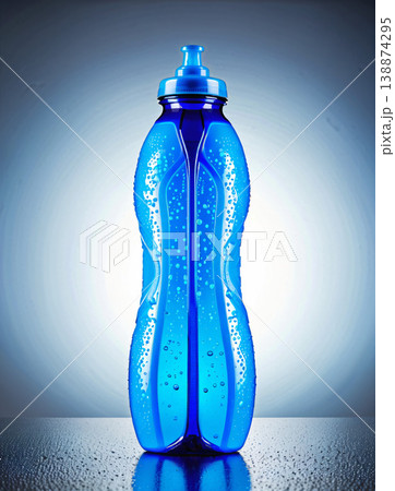 水滴がついた青いスポーツドリンクボトル、冷たく爽やかな飲料のコンセプト	 138874295