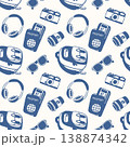 Travel seamless pattern with passport, camera, sunglasses, headphone in flat style. Vector illustration for wrapping paper, fabric. 138874342
