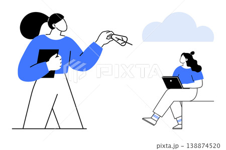 Communication, teamwork, technology, learning, remote work, digital collaboration. Two people one holding a tablet, the other handing over glasses. Communication and teamwork concept 138874520