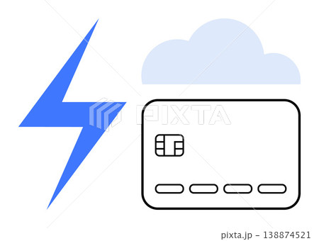 Digital payments, cloud computing, fintech, online transactions, modern technology, fast services. A credit card, cloud and lightning bolt icon. Digital payments and cloud computing concept 138874521