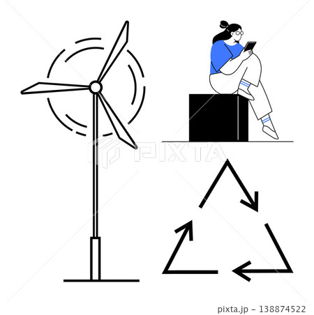 Sustainability, renewable energy, recycling, eco-consciousness, digital lifestyle, green initiatives. Minimal wind turbine, recycling icon person with smartphone. Sustainability and renewable energy Sustainability, renewable energy, recycling, eco-consciousness, digital lifestyle, green initiatives. Minimal wind turbine, recycling icon person with smartphone. Sustainability and renewable energy 138874522