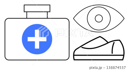 Healthcare, vision care, footwear design, safety, medical assistance, first aid. Blue cross on a medical aid box, an outlined eye and a shoe. Healthcare and vision care concept Healthcare, vision care, footwear design, safety, medical assistance, first aid. Blue cross on a medical aid box, an outlined eye and a shoe. Healthcare and vision care concept 138874537