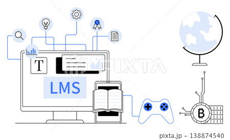 Online learning, cryptocurrency, digital transformation, education technology, e-learning, blockchain. Computer displaying LMS with digital elements thumbs up a globe and Bitcoin icon. Online Online learning, cryptocurrency, digital transformation, education technology, e-learning, blockchain. Computer displaying LMS with digital elements thumbs up a globe and Bitcoin icon. Online 138874540