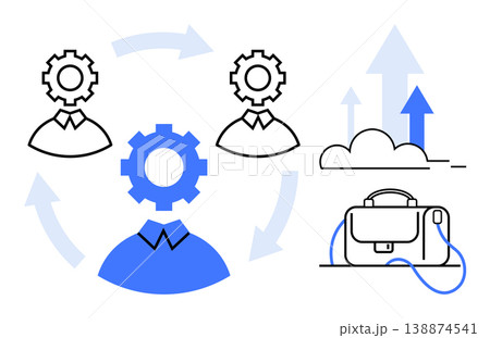 Business automation, productivity, teamwork, efficiency, workflow management, job market. Gear heads and arrows illustrate connectivity and growth. Business automation and productivity concept 138874541