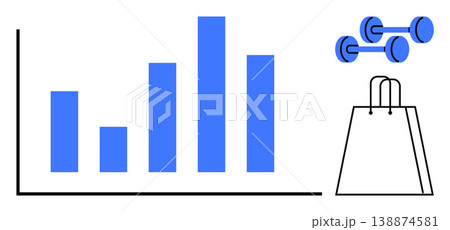 Business growth, sales performance, fitness trends, retail analysis, economic data, consumer behavior. Blue bar chart, dumbbells and shopping bag. Business growth and sales performance concept Business growth, sales performance, fitness trends, retail analysis, economic data, consumer behavior. Blue bar chart, dumbbells and shopping bag. Business growth and sales performance concept 138874581