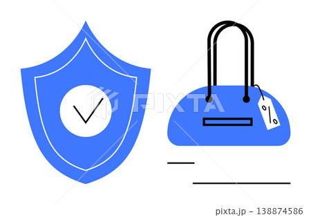 E-commerce, fraud prevention, brand authenticity, online shopping, anti-counterfeiting, secure transactions. Blue shield with checkmark and handbag with tag. E-commerce and fraud prevention concept 138874586
