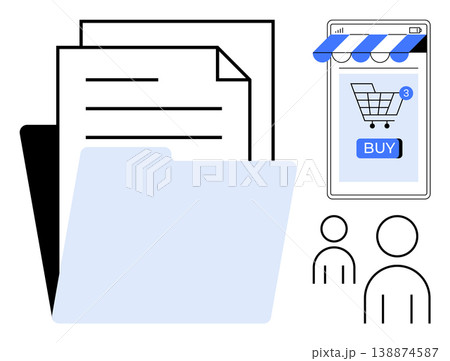 E-commerce, online transactions, digital file organization, team collaboration, data sharing, documentation. Folder and papers, mobile storefront with cart and minimalistic people icons. E-commerce E-commerce, online transactions, digital file organization, team collaboration, data sharing, documentation. Folder and papers, mobile storefront with cart and minimalistic people icons. E-commerce 138874587