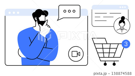 Online shopping, communication, customer service, e-commerce, remote assistance, teamwork. Man thinking with chat bubble, video call icon and shopping cart. Online shopping and communication concept 138874588