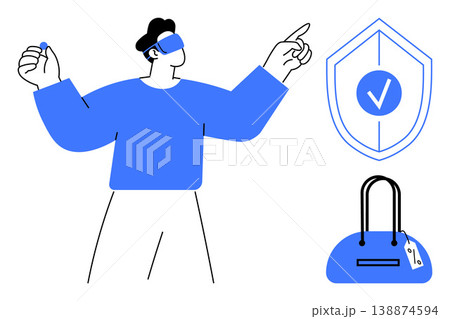Virtual reality, data protection, e-commerce, digital payments, online authentication, consumer tech. A person in VR gear pointing with shield and purse visuals. Virtual reality and data protection Virtual reality, data protection, e-commerce, digital payments, online authentication, consumer tech. A person in VR gear pointing with shield and purse visuals. Virtual reality and data protection 138874594