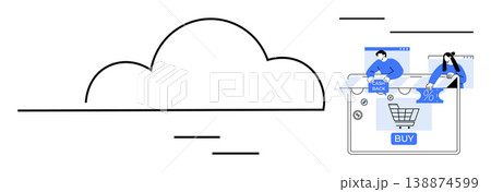 E-commerce, cloud computing, online payment, digital services, technology integration, digital shopping. A digital shopping cart on a device set against a cloud. E-commerce and cloud computing 138874599