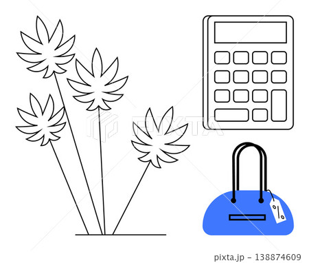 Budget management, shopping, retail sales, financial planning, discounts, eco-friendly . Minimalist design with a calculator, blue bag and abstract plants. Budget management and shopping concepts Budget management, shopping, retail sales, financial planning, discounts, eco-friendly . Minimalist design with a calculator, blue bag and abstract plants. Budget management and shopping concepts 138874609