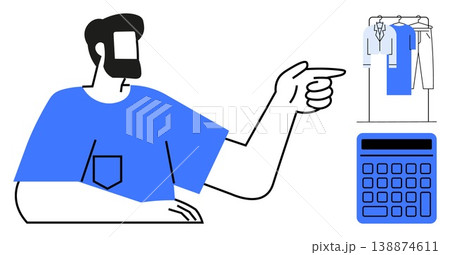 Budgeting, shopping, decision-making, finances, clothing, cost management. Man pointing to garment rack and calculator. Budgeting and shopping visual concept emphasizing finances and decision-making 138874611