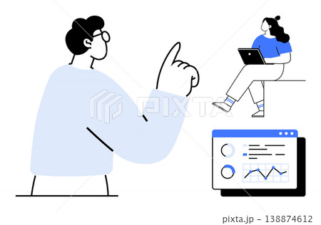 Business communication, remote teamwork, data analysis, online learning, growth strategy, digital collaboration. Person points to a figure analyzing data. Business communication and remote teamwork 138874612