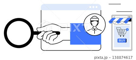 E-commerce, online identity, cybersecurity, user verification, mobile shopping, authentication process. Magnifying glass over user profile, online shopping cart. E-commerce and online identity 138874617
