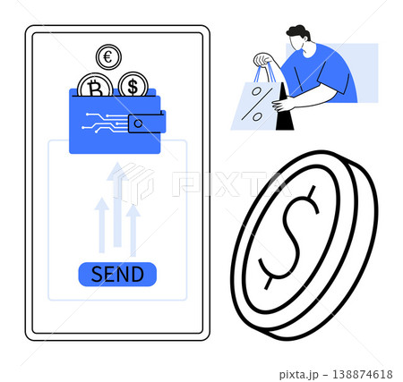 Digital banking, e-commerce, fintech solutions, online transactions, currency exchange, financial services. Mobile wallet with euro, bitcoin dollar coins. Digital banking and e-commerce concept 138874618
