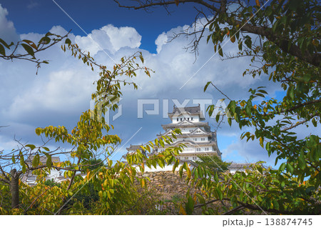 Himeji, Japan - Sep 24 2024, panoramic view of Himeji Castle, White Heron Castle from below, through tree foliage in daytime with blue sky and clouds, without people, Himeji, Japan Himeji, Japan - Sep 24 2024, panoramic view of Himeji Castle, White Heron Castle from below, through tree foliage in daytime with blue sky and clouds, without people, Himeji, Japan 138874745