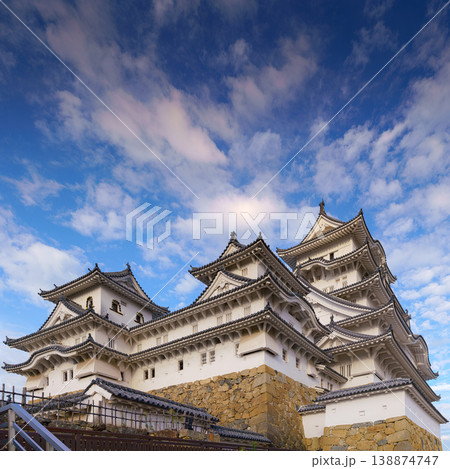Himeji, Japan - Sep 24 2024, panoramic view of Himeji Castle, White Heron Castle from below, at daytime with blue sky and clouds, without people, Himeji, Japan Himeji, Japan - Sep 24 2024, panoramic view of Himeji Castle, White Heron Castle from below, at daytime with blue sky and clouds, without people, Himeji, Japan 138874747