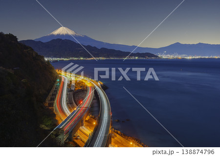 Mount Fuji at Blue Hour with Light Trails from Satta-Toge Pass in Shizuoka Japan Mount Fuji at Blue Hour with Light Trails from Satta-Toge Pass in Shizuoka Japan 138874796