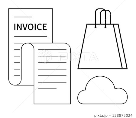 E-commerce, payment processing, billing systems, cloud storage, digital receipts, retail shopping. Line art of a shopping bag, invoice document and cloud symbol. E-commerce and payment processing E-commerce, payment processing, billing systems, cloud storage, digital receipts, retail shopping. Line art of a shopping bag, invoice document and cloud symbol. E-commerce and payment processing 138875024