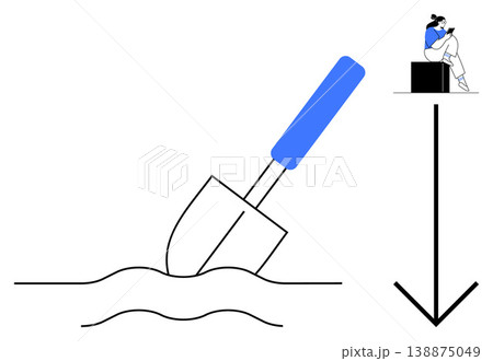 Progress, technology, manual work, productivity, focus, construction process. A shovel digging into the ground, an arrow pointing down and a woman sitting on a cube using a device. Progress 138875049