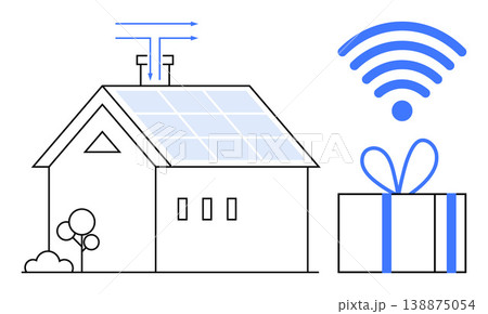 Sustainable energy, smart home tech, eco-friendly living, IoT devices, renewable resources, connected home. House with solar panels, wireless icon and gift box. Sustainable energy and smart home 138875054