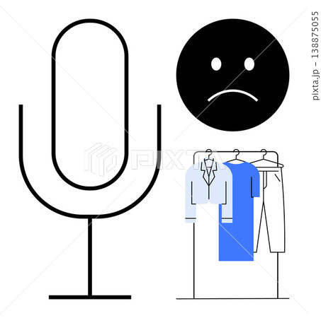 Communication, emotional expression, fashion choices, consumerism effects, lifestyle analysis, vocal . A microphone, a sad face and hanging clothes. Communication and emotional expression concepts Communication, emotional expression, fashion choices, consumerism effects, lifestyle analysis, vocal . A microphone, a sad face and hanging clothes. Communication and emotional expression concepts 138875055