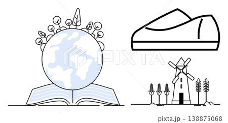 Sustainability, renewable energy, education, environmental awareness, eco-friendly design, agriculture. Globe on a book, minimal shoe windmill with crops. Sustainability and renewable energy focus 138875068