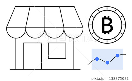 E-commerce, digital currency, retail technology, blockchain, financial data, market trends. A store, Bitcoin symbol and a financial graph. E-commerce and digital currency visualization 138875081