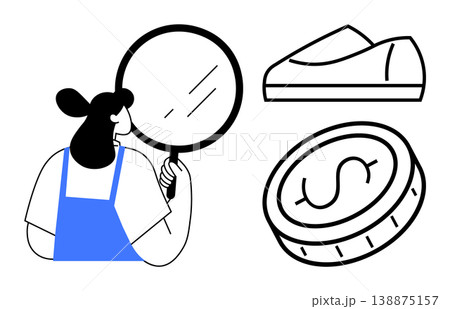 Business analysis, financial investment, market observation, consumer goods, retail industry, financial growth. Person holds magnifying glass near shoe and coin. Business analysis and financial Business analysis, financial investment, market observation, consumer goods, retail industry, financial growth. Person holds magnifying glass near shoe and coin. Business analysis and financial 138875157