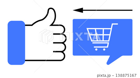 Online shopping, digital marketing, ecommerce, user interaction, customer reviews, social media activity. A thumbs-up next to a shopping cart in a speech bubble. Online shopping and digital marketing Online shopping, digital marketing, ecommerce, user interaction, customer reviews, social media activity. A thumbs-up next to a shopping cart in a speech bubble. Online shopping and digital marketing 138875167