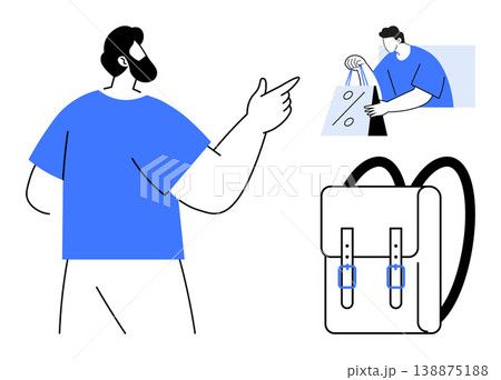 Shopping, retail, daily life, consumerism, modern lifestyle, minimalist design. Young man pointing to an object, shopping bags and a stylish backpack. Shopping and retail-themed visual 138875188