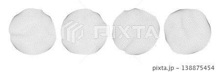 Collection of four abstract wireframe mesh sphere shapes with distorted organic surface grid lines isolated on white background 138875454
