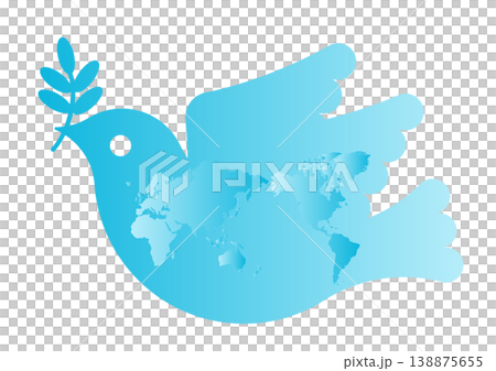 和平鴿圖標和世界地圖（以日本為中心）。 138875655