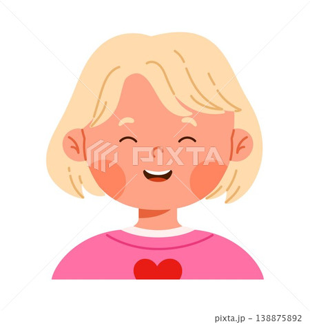 Laughing cute blonde girl character with joyful facial expression. Facial expression. Happy child avatar with positive emotion. Kid apps and emotion education concept. Isolated vector illustration 138875892