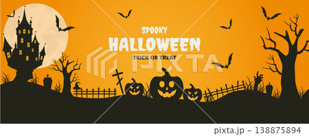 Halloween panoramic background with silhouettes of spooky castle full moon bats and pumpkins Halloween panoramic background with silhouettes of spooky castle full moon bats and pumpkins 138875894